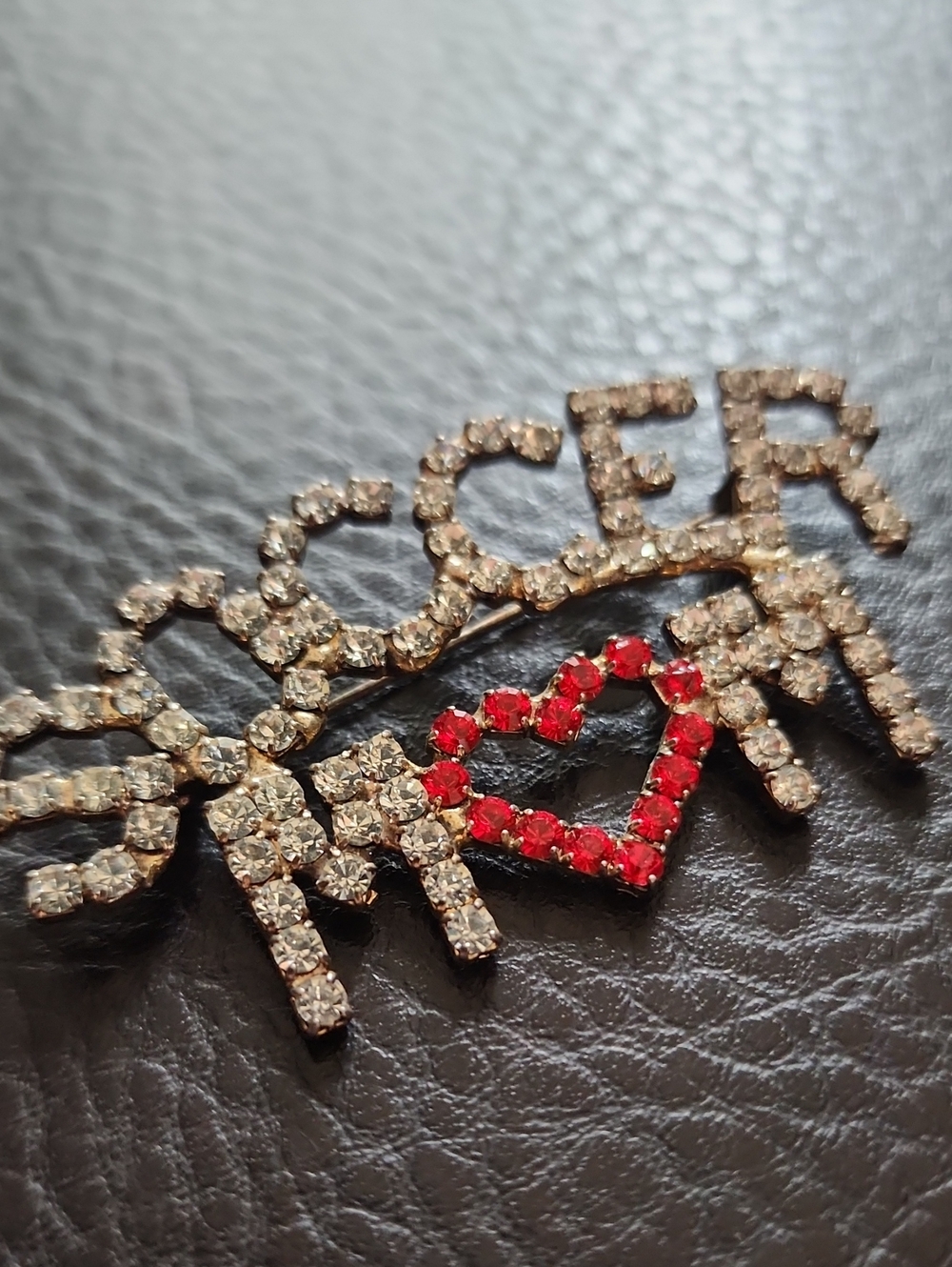 VTG Crystal 'Soccer Mom' Pin Brooch with Red Heart Accent